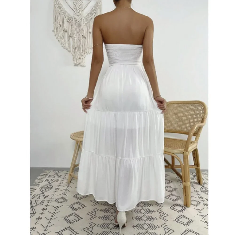 Boho Tie Front Shirred Ruffle Hem Tube Dress WHITE - Picture 6 of 6